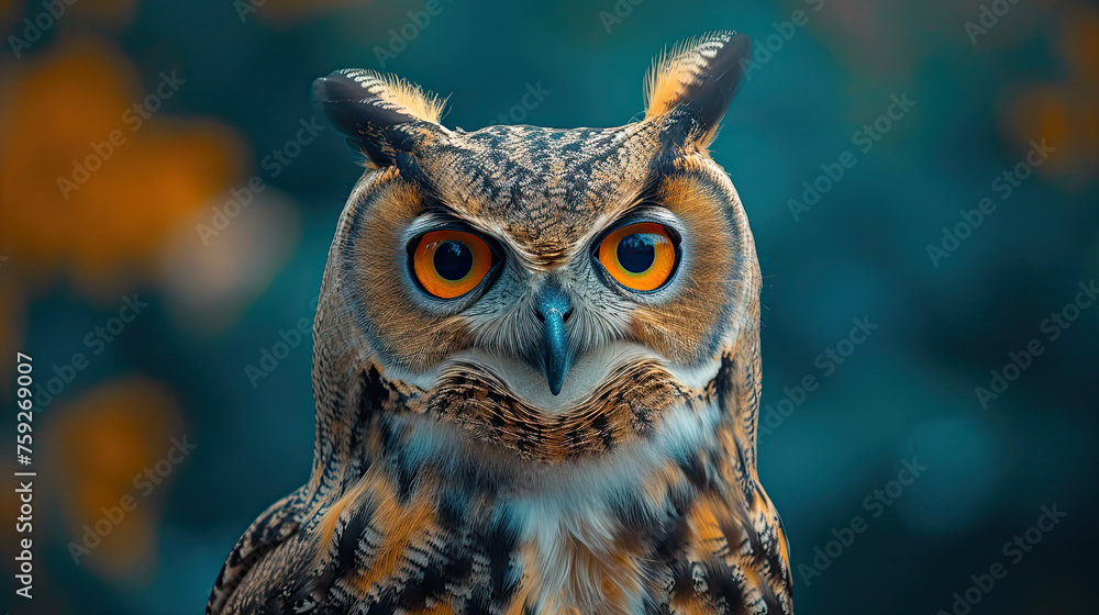 stunning closeup of owl with orange eyes looking straight at viewer on blue background stunning closeup of owl with orange eyes looking straight at viewer on blue background