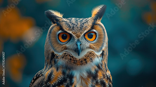 stunning closeup of owl with orange eyes looking straight at viewer on blue background © Lynne Ann Mitchell