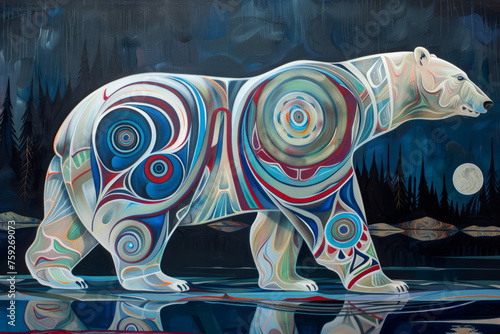 Indigenous style illustration of a polar bear in the arctic. 