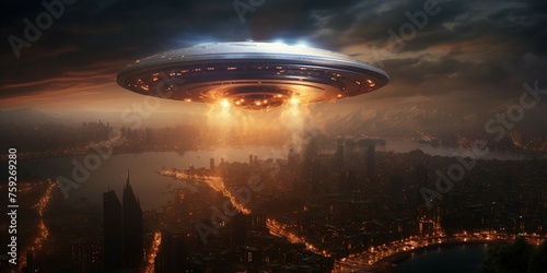 Flying saucer over the city at night. 3D rendering.