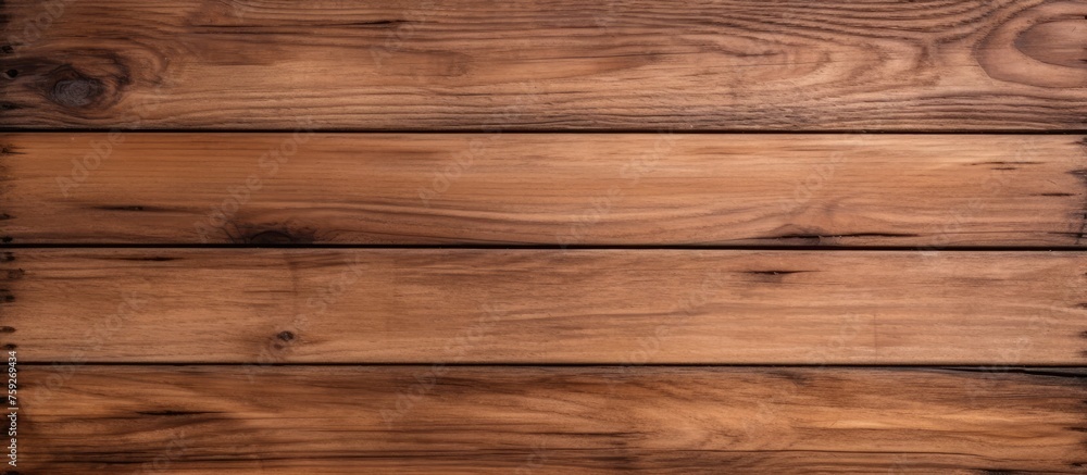 Naklejka premium A closeup of a brown hardwood table with a smooth amber wood stain, showcasing the natural beauty of the wood grain and texture