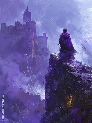 A man stands proudly atop a mountain, overlooking a majestic castle in the background.