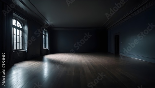 Empty old dark creepy room with large windows, sunrays from them
