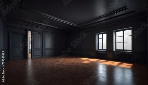 Empty old dark creepy room with large windows, sunrays from them