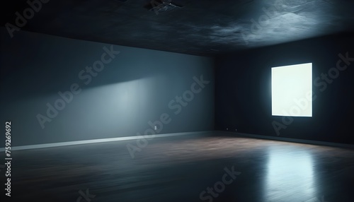 Empty dark room with large windows, sunrays from them