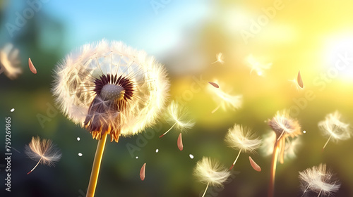 Dandelions in the sun  seeds fluttering in the wind