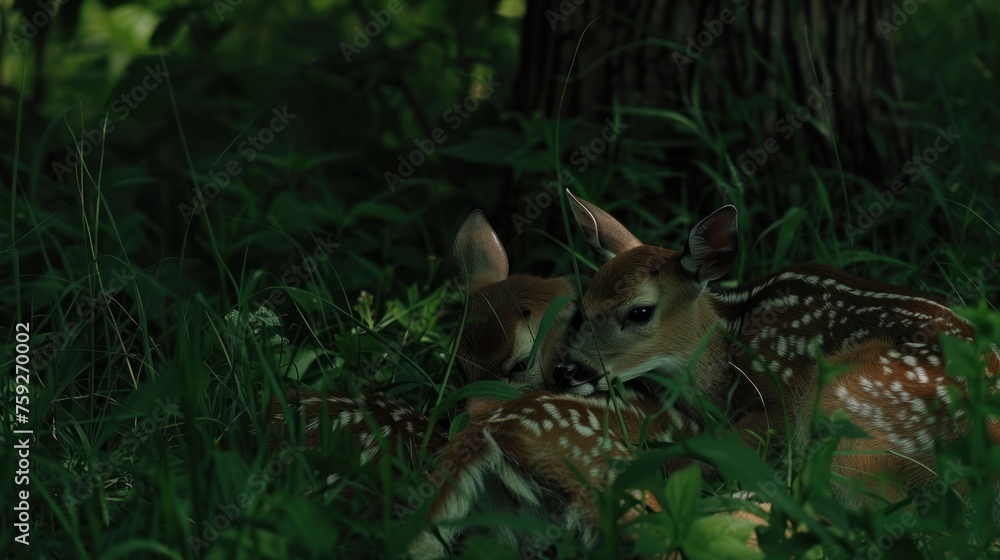 a couple of deer laying next to each other on a lush green forest filled with lots of tall green grass.