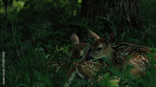 a couple of deer laying next to each other on a lush green forest filled with lots of tall green grass. photo