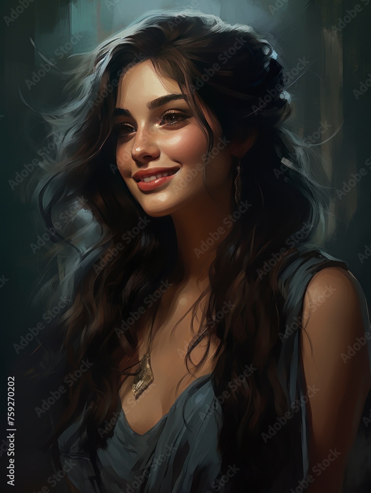 Lady with beautiful dark hair is smiling - generative ai Lady with beautiful dark hair is smiling - generative ai