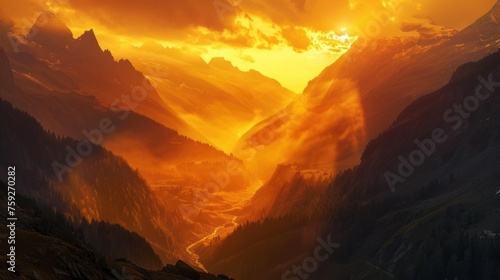 Mountains bathed in the golden light of sunset, a majestic silhouette of the beauty and tranquility of nature.