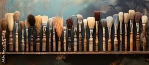 A row of artist paint brushes made of wood are neatly lined up on a shelf in front of a colorful painting, creating a visually appealing display of art supplies photo