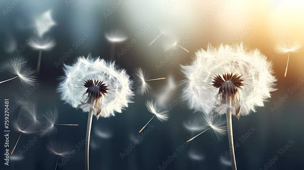 Fototapeta premium Dandelions in the sun, seeds fluttering in the wind