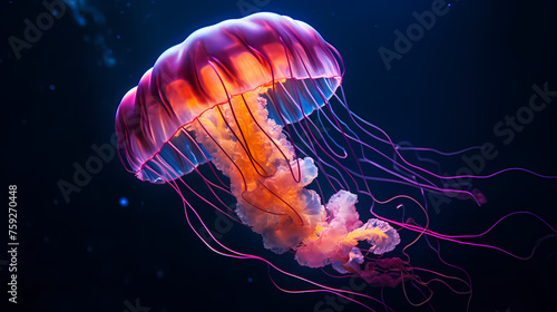 Underwater world concept, beautiful purple glowing jellyfish in the depths © Derby