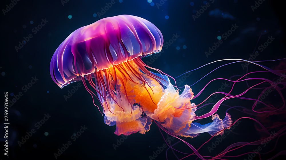 Fototapeta premium Underwater world concept, beautiful purple glowing jellyfish in the depths
