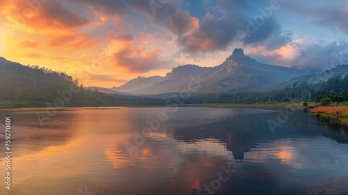 Majestic peaks and the tranquil waters, bathed in the soft glow of sunrise. © DreamPointArt