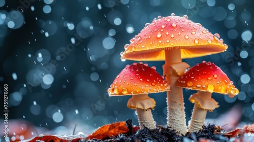 a group of mushrooms sitting on top of a pile of leaves covered in raindrops on a forest floor. photo