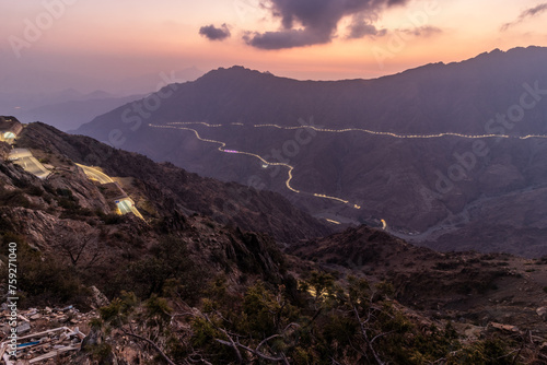 Evening view of a deep valley with King Fahd Road near Al Baha, Saudi Arabia photo