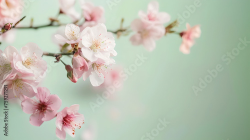 young branch of white and light pink Japanese cherry blossoms on pastel colored light green background
