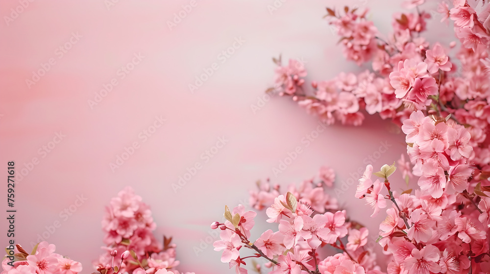 beautiful branch of pink Japanese cherry blossoms on side of pastel rose background with copy space