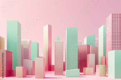 3D Rendering pink and light green skyscrapers in minimal style isolated on pink background. 
