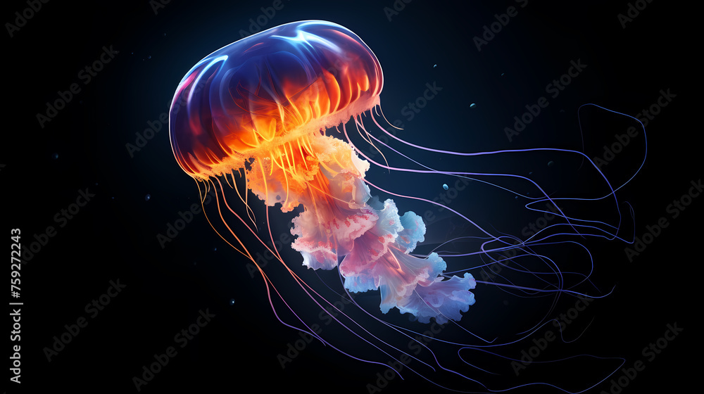 Underwater world concept, beautiful purple glowing jellyfish in the depths Underwater world concept, beautiful purple glowing jellyfish in the depths