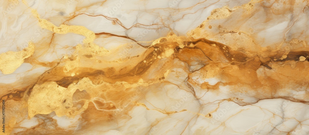 A detailed shot capturing the intricate design of white and gold marble, resembling a luxurious dish in a sophisticated cuisine recipe A detailed shot capturing the intricate design of white and gold marble, resembling a luxurious dish in a sophisticated cuisine recipe