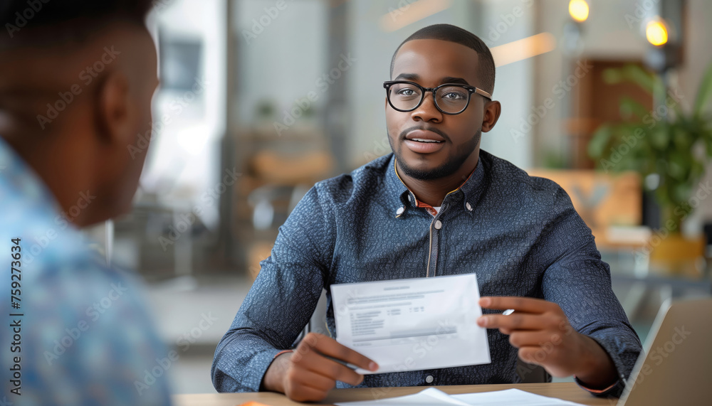 Fototapeta premium A dark-skinned man in an office showing papers to his interlocutor, paperwork in a team setting