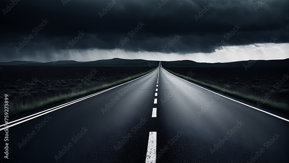 An empty road under a stormy sky, evoking a sense of solitude and anticipation. - obrazy, fototapety, plakaty 