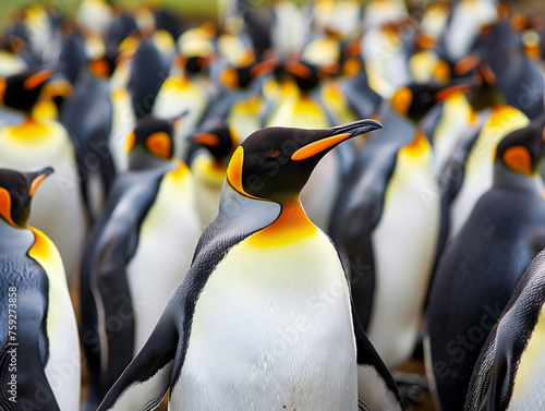 King penguin colony. Many birds together, in Falkland Islands. Wildlife scene from nature. Animal behaviour in Antarctica. Many penguins. 