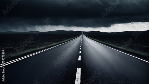 An empty road under a stormy sky, evoking a sense of solitude and anticipation. photo