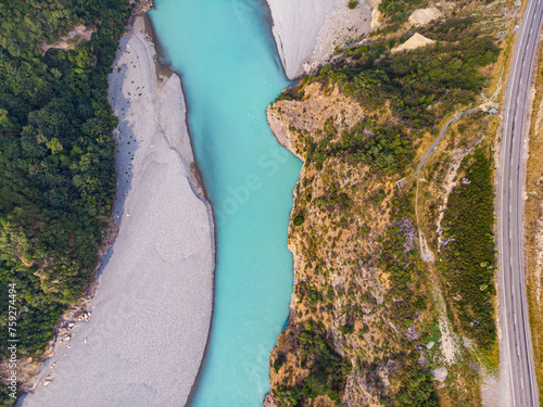 aerial panorama of unique rakaia gorge in canterbury, new zealand south island;  photo