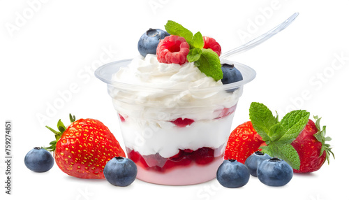 Dessert of whipped cream and fresh berries in plastic cup isolated on white background