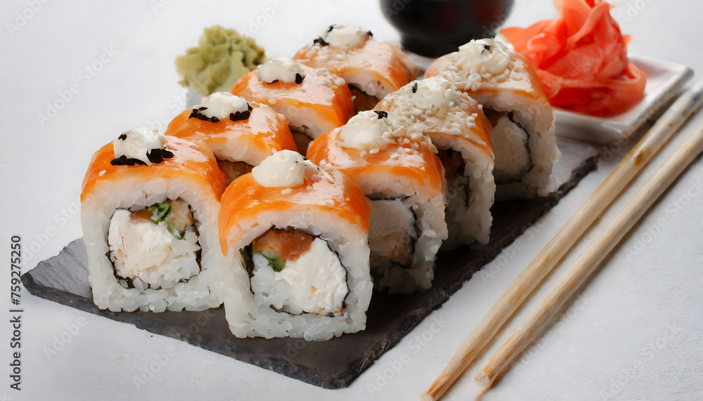 Tasty sushi rolls on white background Tasty sushi rolls on white background