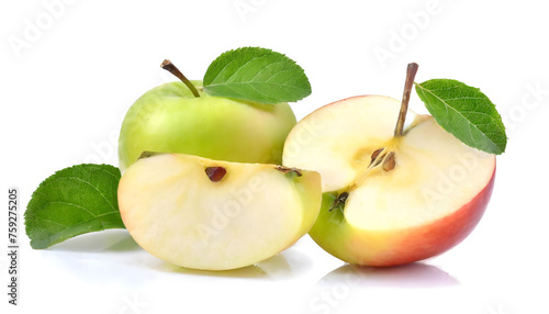 Apple fruit slices with leaf isolated on white background