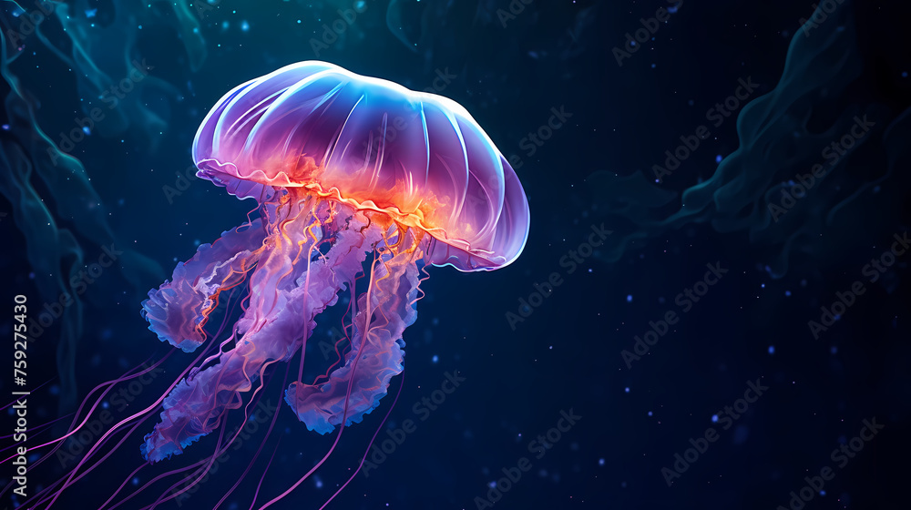 Obraz premium Beautiful glowing jellyfish in the depths, concept of underwater world and marine ecology