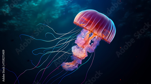 Beautiful glowing jellyfish in the depths, concept of underwater world and marine ecology © Derby