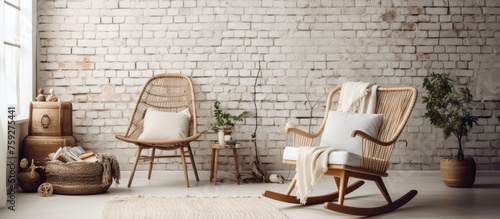 Cozy Setup with Rocking Chair, Rug, and Basket against White Brick Wall