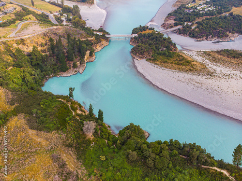 aerial panorama of unique rakaia gorge in canterbury, new zealand south island;  photo