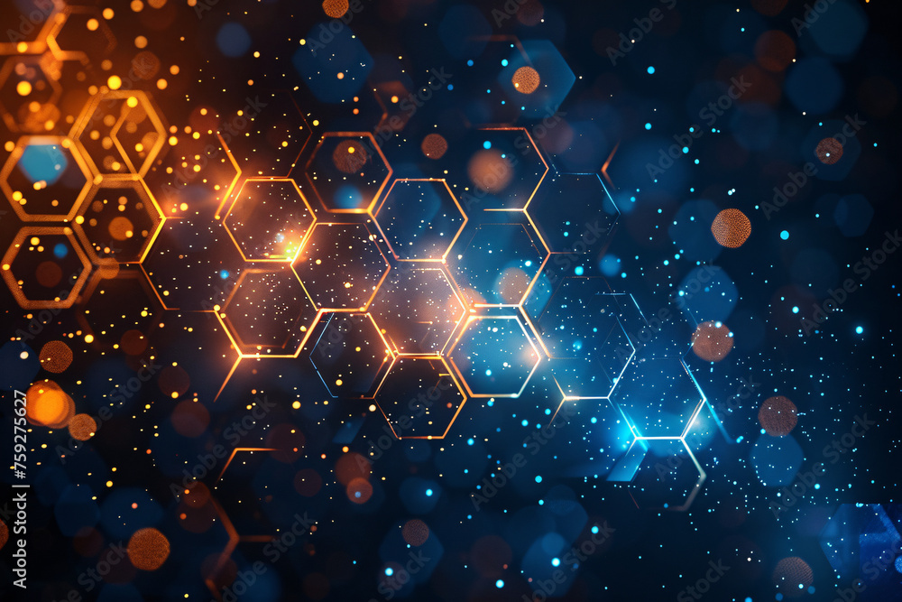Abstract network of glowing hexagons on dark blue background Abstract network of glowing hexagons on dark blue background