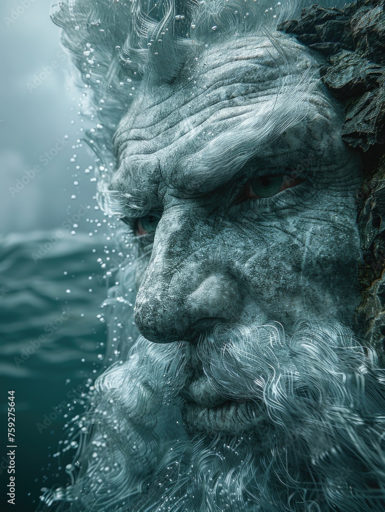 A man with white hair and a beard stands in the water.