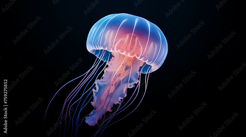 Beautiful glowing jellyfish in the depths, concept of underwater world and marine ecology Beautiful glowing jellyfish in the depths, concept of underwater world and marine ecology