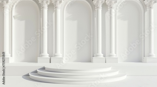 Elegant studio with a podium on a sophisticated white background generative ai