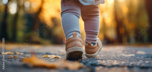 Close-up of Toddler's Feet Taking Steps in Autumn Park during Golden Hour, banner