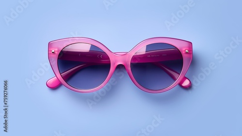 Top view pink sunglasses retro style concept on blue background, flat lay romantic cute design banner