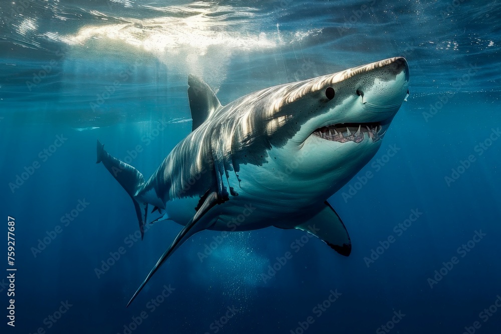 Fototapeta premium Great White Shark in Ocean with Sunlight Rays