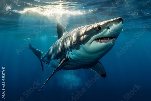 Great White Shark in Ocean with Sunlight Rays