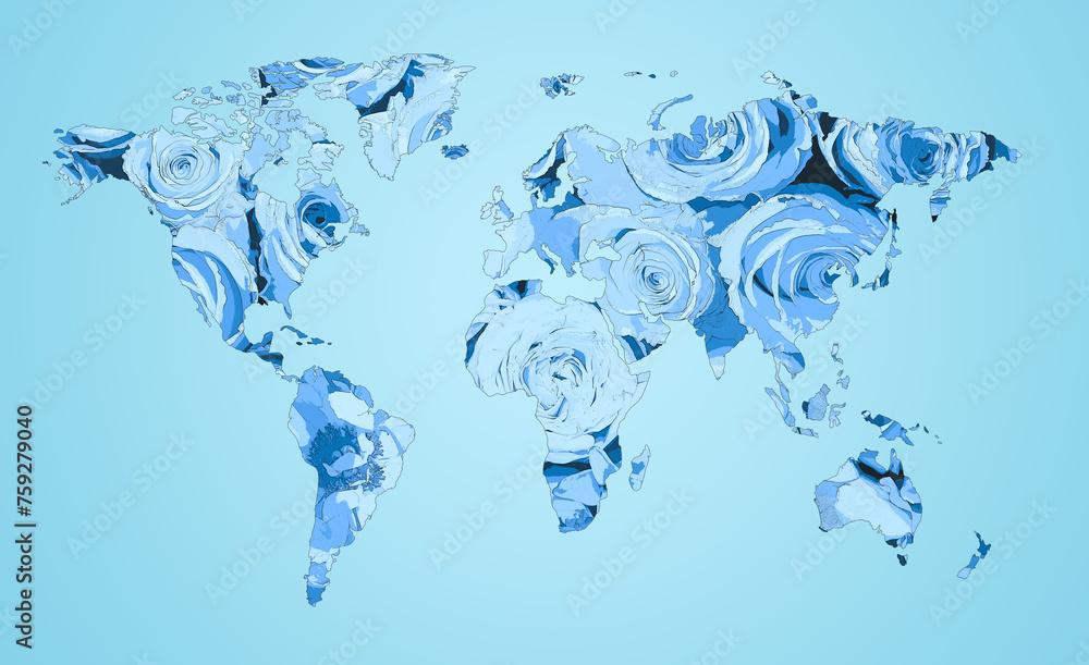 Fototapeta premium World map made of beautiful flowers on light blue background, banner design