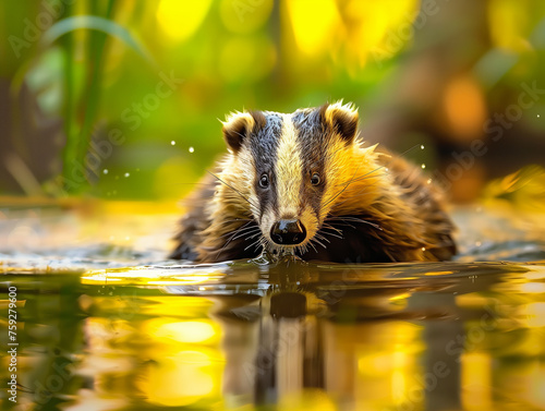 Badger in lake water, animal nature habitat, Germany, Europe. Wildlife scene. Wild Badger,