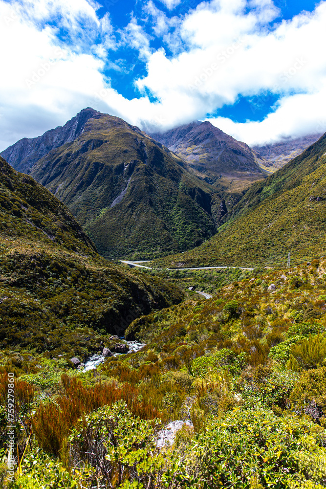 Fototapeta premium panorama of otira valley in arthur's pass national park, canterbury, new zealand south island; scenic valley with rushing river surrounded with mighty mountains