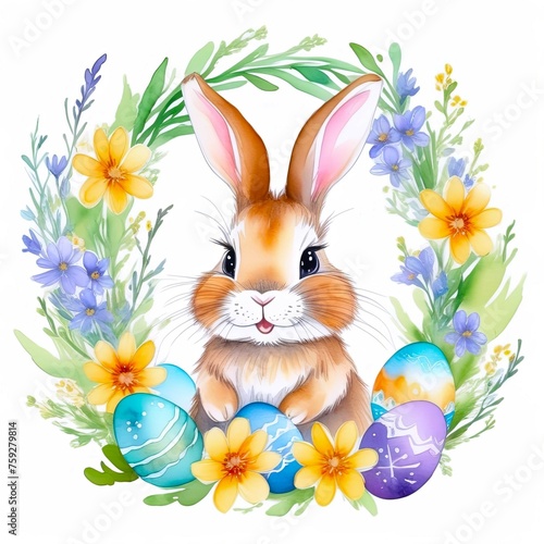 Easter rabbit with colorful Easter eggs within colorful floral wreath against white background, watercolor illustration. concepts: Easter celebration, spring season, bunny illustrations, Easter rabbit © Indi